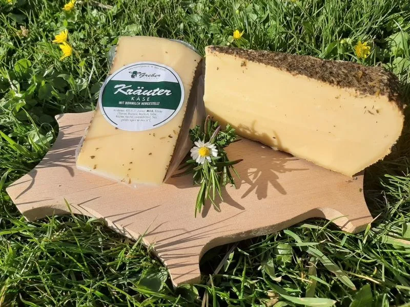 Kräuterkäse mit grüner Kräuterhülle, angeschnitten